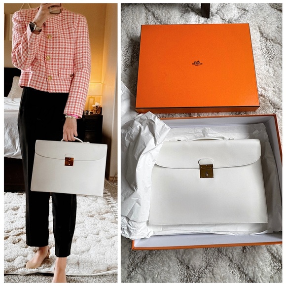 Hermes Quirus II White Leather Box Briefcase Men Women work laptop satchel - Picture 2 of 12